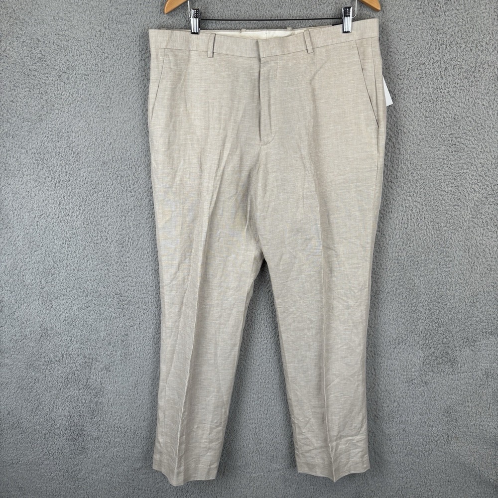 NEW Perry Ellis Linen Blend Dress Pants Men 36x32 Tan Regular Fit Slacks